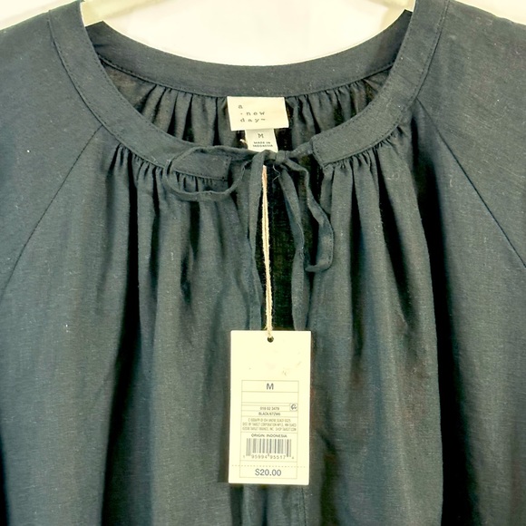 A New Day Black Peasant Style Long Sleeve Linen Mix Split Neckline Top M… - Picture 7 of 11